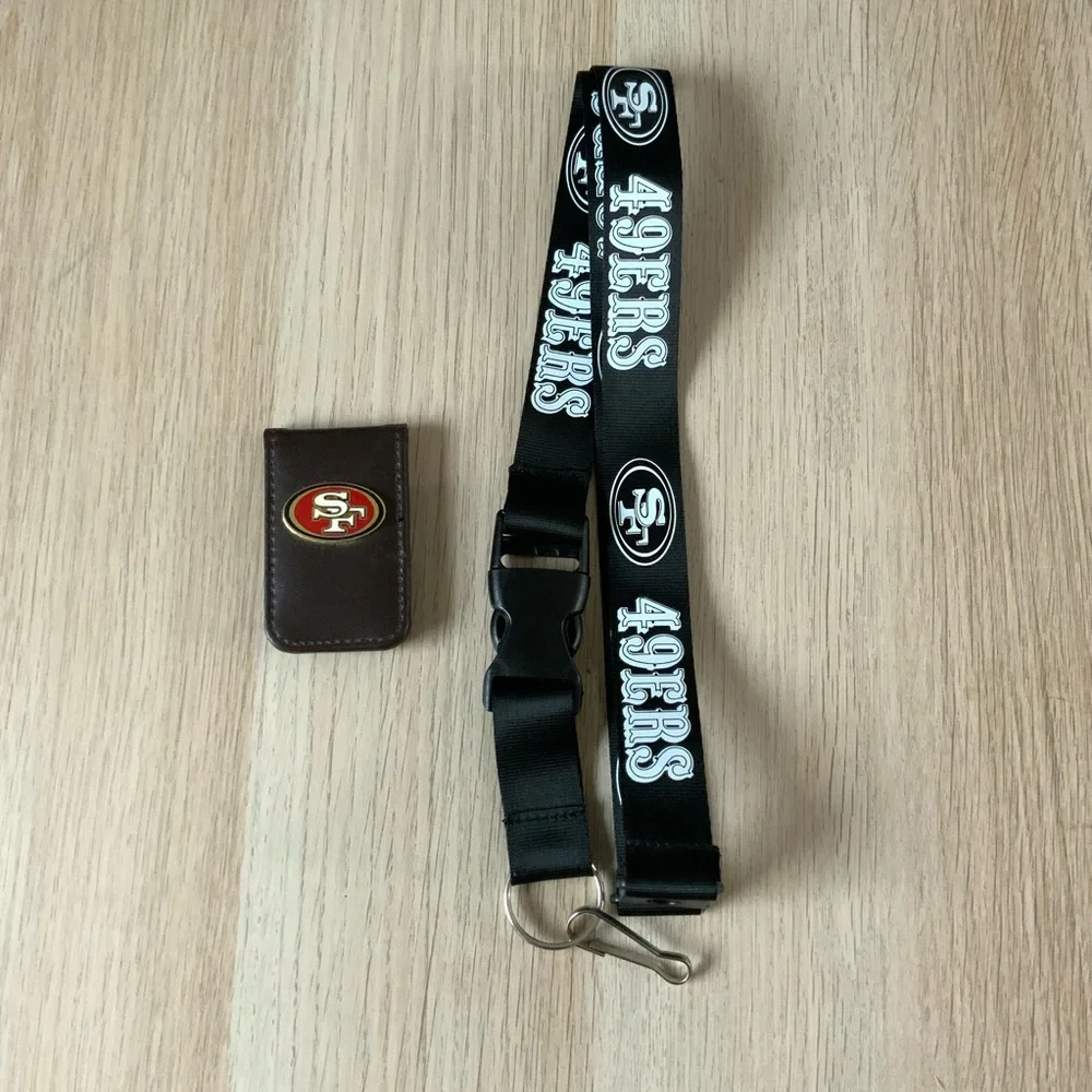 49ers Black Lanyard and Brown Card Holder Set